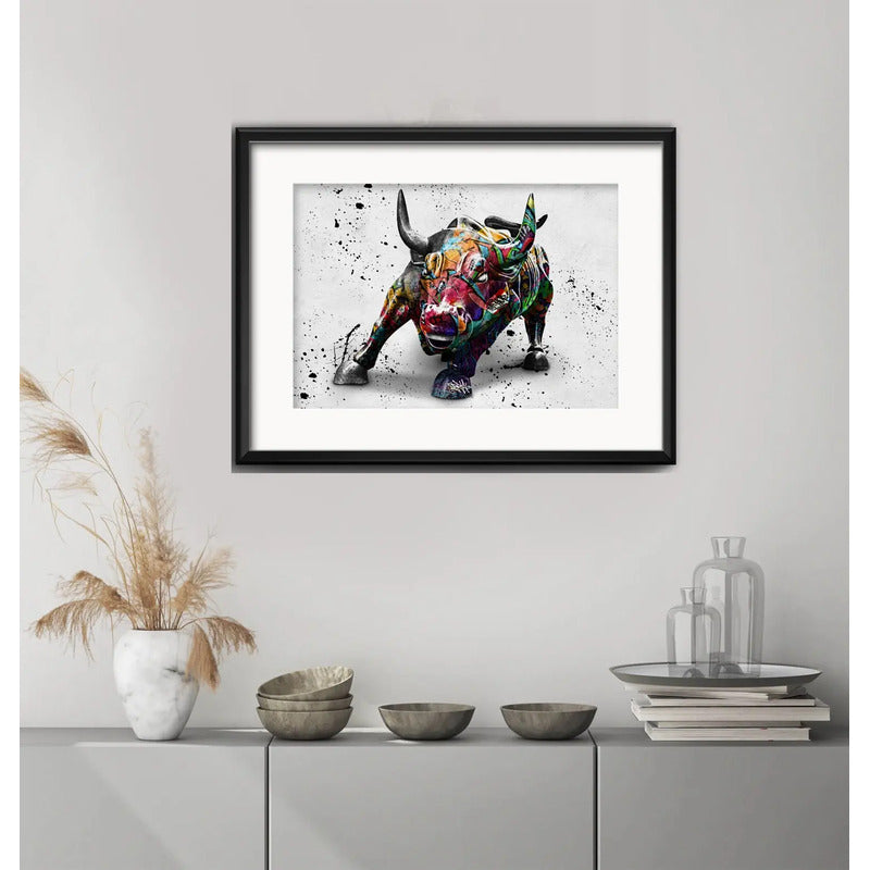 Cuadro Toro De Wall Street Pop Art 53x43cm Con Paspartú Marco Negro