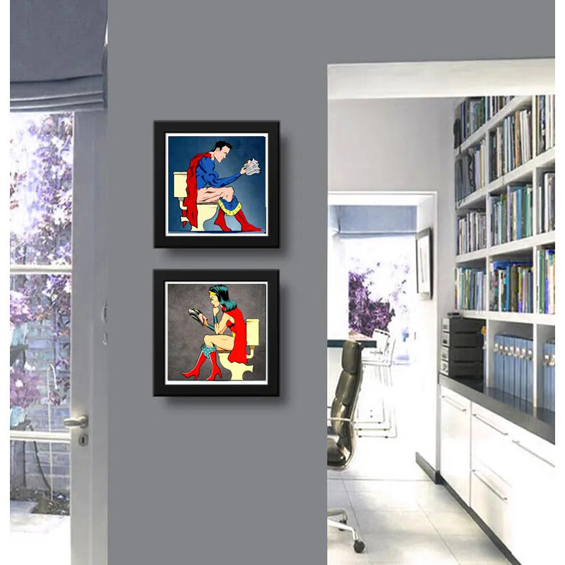 Set 2 Cuadros Superman Mujer Maravilla Baño Héroes Comics