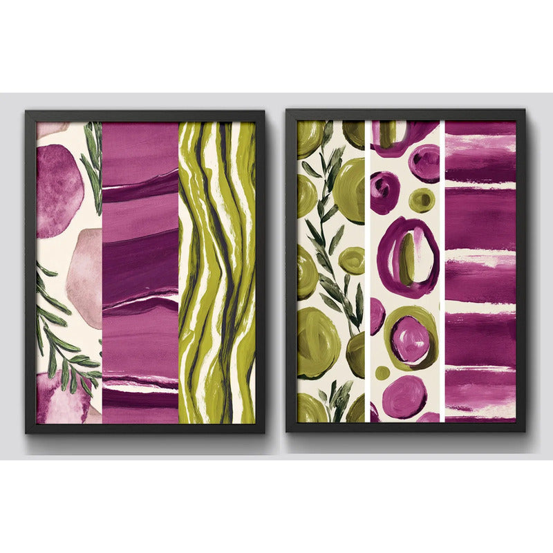 Set 2 Cuadros Dormitorio Living Abstracto Arte Verde Púrpura Marco Negro