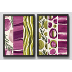 Set 2 Cuadros Dormitorio Living Abstracto Arte Verde Púrpura Marco Negro