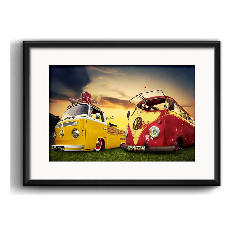Cuadro Kombi Vintage Retro Vintage Viajero Surf Con Paspartu Marco Negro