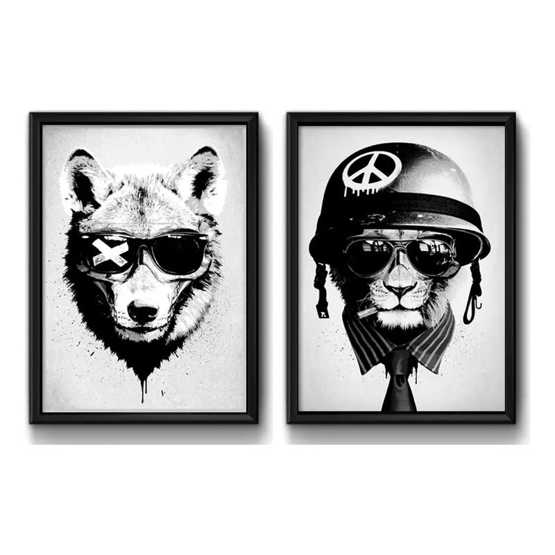 Set 2 Cuadros Lobo León Animales Arte Urbano Decoracion