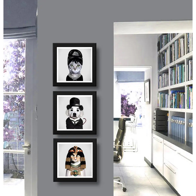 Set 3 Cuadros Perro Chaplin Gatas Audrey Hepburn Y Cleopatra
