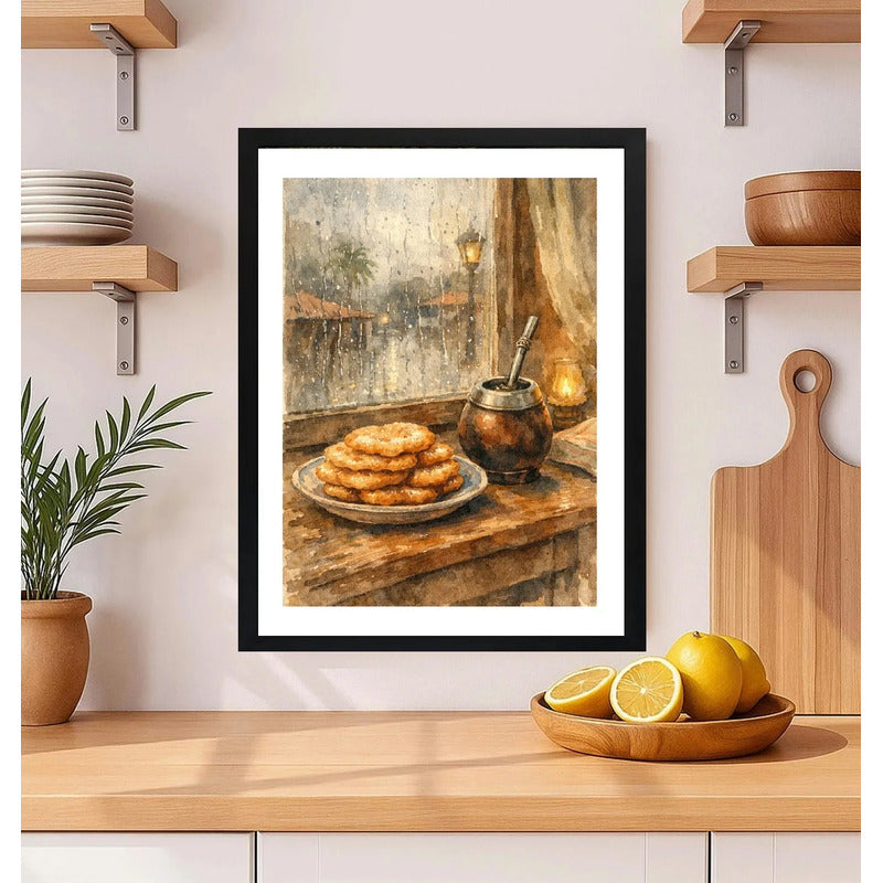 Cuadro Mate Torta Fritas Lluvia Uruguay Arte Retro Cocina Marco Negro