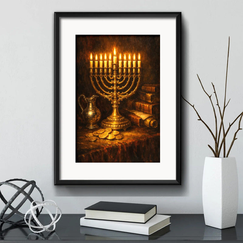 Cuadro Arte Judaico Janucá Hanukkah Candelabro Con Paspartú Marco Negro