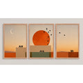Set 3 Cuadros Dormitorio Living Boho Arte Abstracto Triptico Marco Marrón Claro
