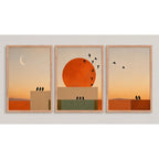 Set 3 Cuadros Dormitorio Living Boho Arte Abstracto Triptico Marco Marrón Claro