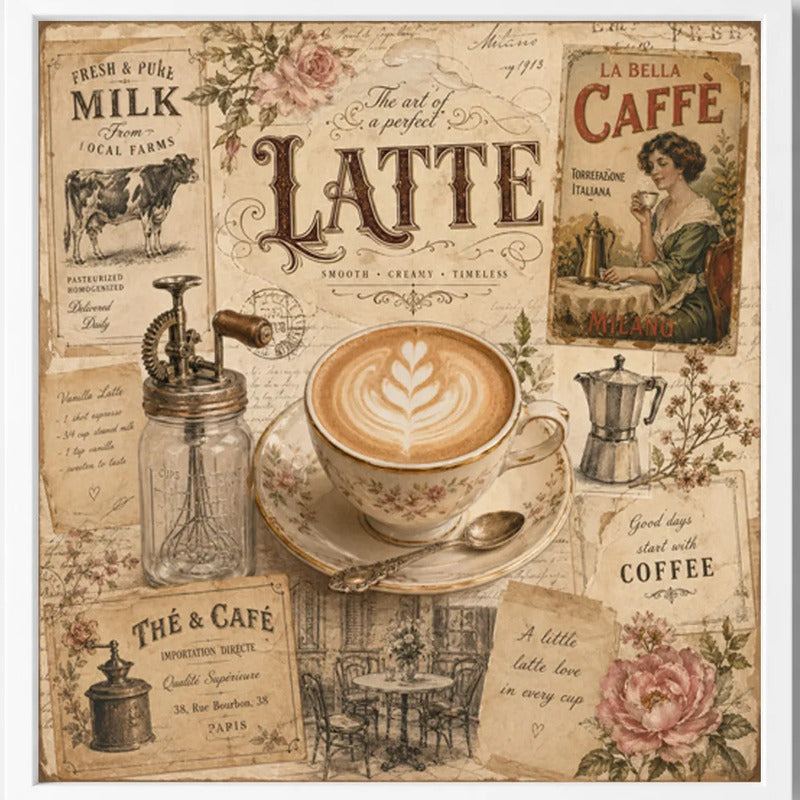 Cuadro Living Comedor Cocina Café Latte Coffee Br1 33x33cm Marco Blanco
