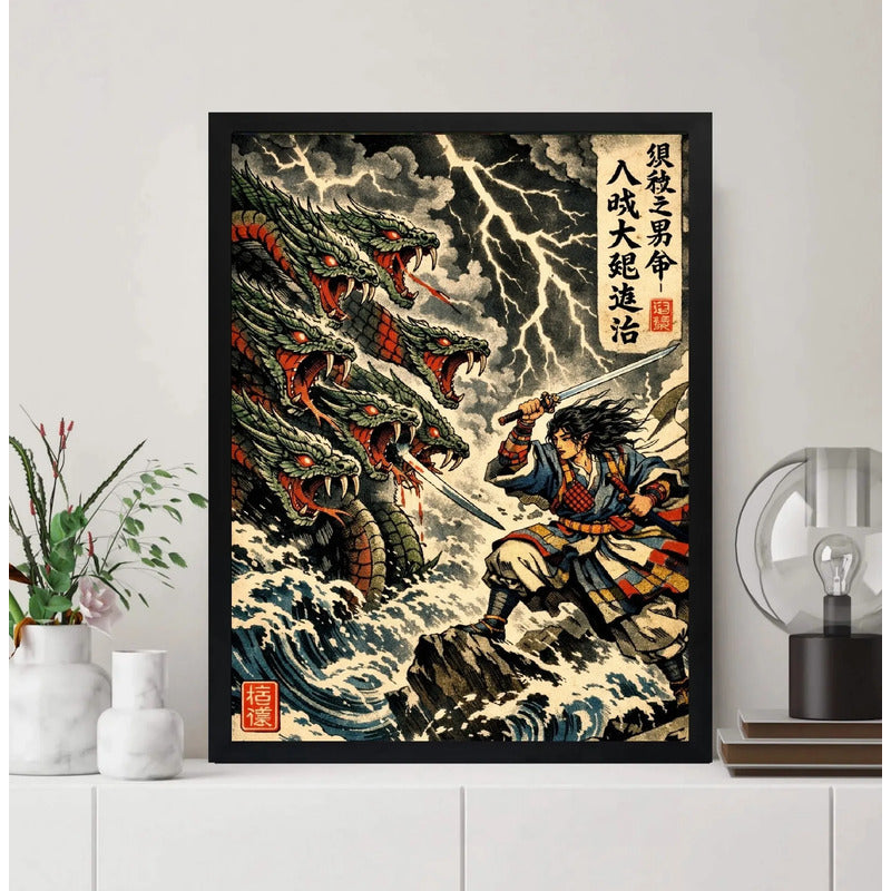 Cuadro Samurai Guerrero Dragón 8 Cabezas Japón Mistico Arte Marco Negro