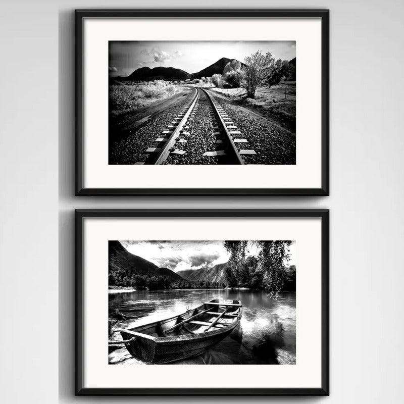 Set 2 Cuadros Paisajes Blanco Y Negro Decoracion Paspartú
