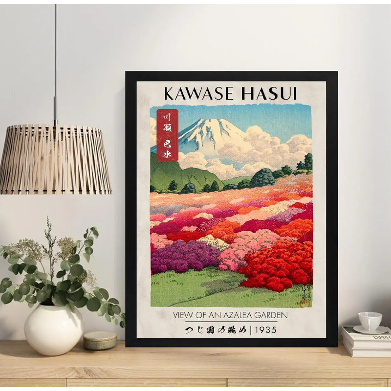 Cuadro Kawase Hasui Arte Japónes Vista De Jardín De Azaleas Marco Negro