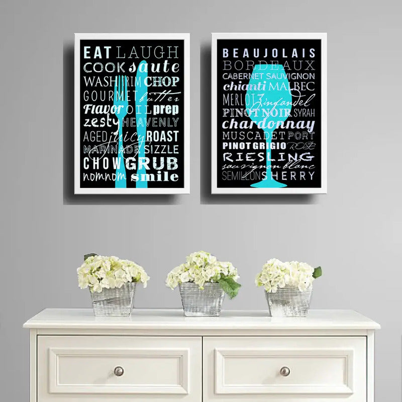 Set 2 Cuadros Cocina Gourmet Azul Vinos Kitchen Decoración