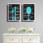 Set 2 Cuadros Cocina Gourmet Azul Vinos Kitchen Decoración