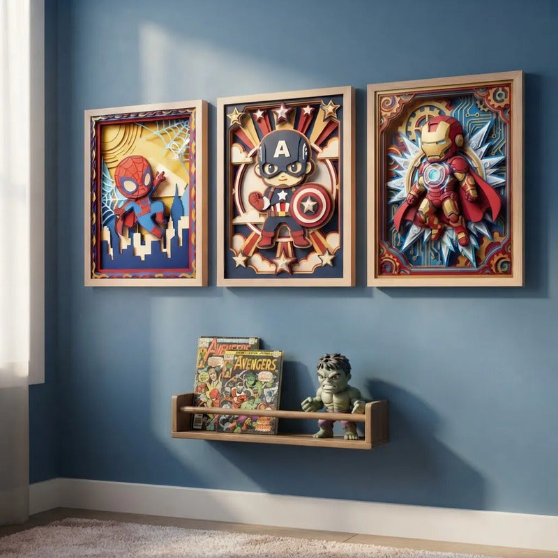 Set 3 Cuadros Superheroes Efecto 3d Para Dormitorio Infantil Marco Marrón Claro