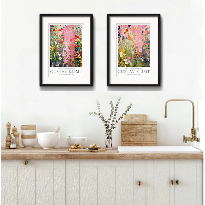 Set 2 Cuadros Gustav Klimt Jardín De Flores Bs1 Con Paspartú Marco Negro