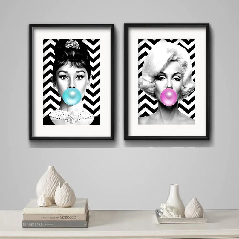 Set 2 Cuadros Marilyn Monroe Audrey Hepburn Chicle Paspartu