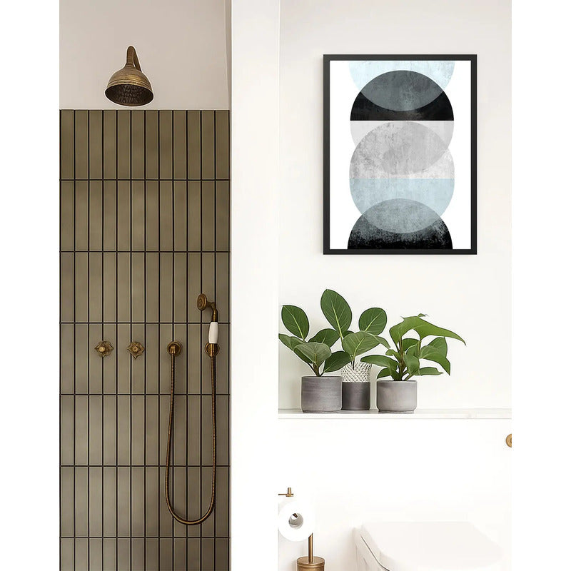 Cuadro Geometrico Abstracto Formas Boho Decoracion Moderna Celeste Azul Con Marco Negro
