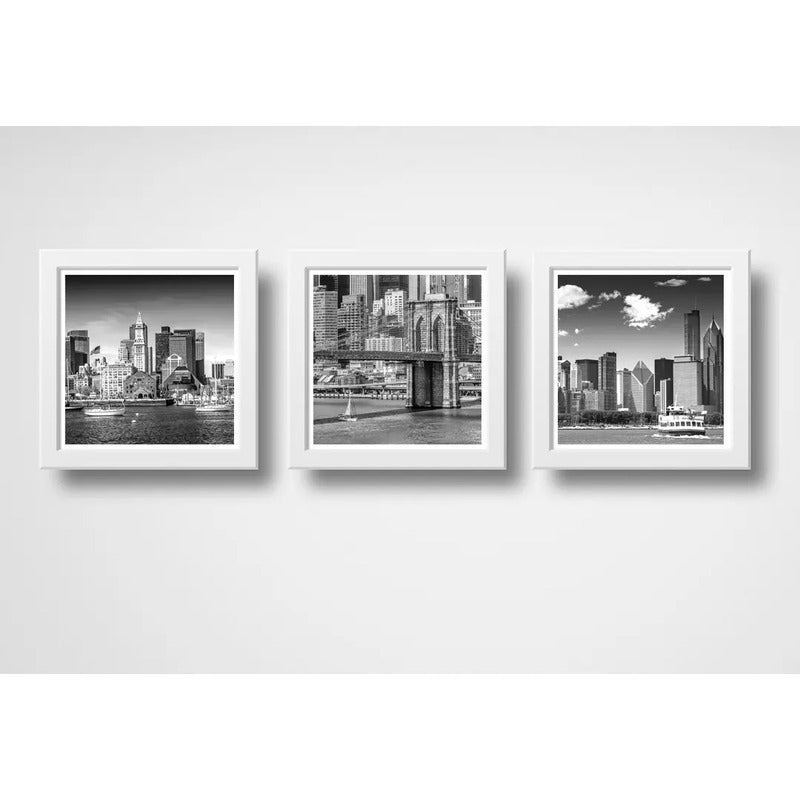 Set 3 Cuadros Boston Nueva York Chicago Skyline Decoracion