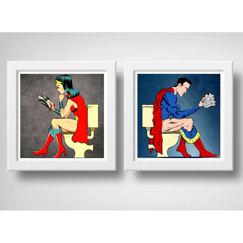 Set 2 Cuadros Superman Mujer Maravilla Baño Héroes Comics