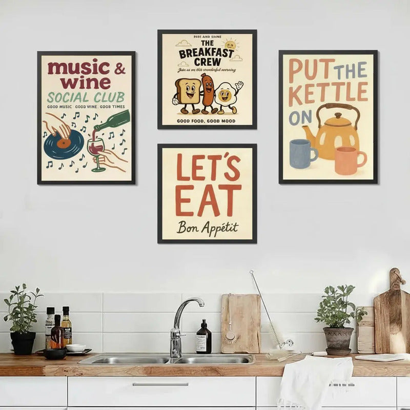 Wall 4 Cuadros Para Cocina Comedor Living Decoracion Moderna Frases Retro Vino Mate Te Desayuno Bon Appetit Con Marco Negro