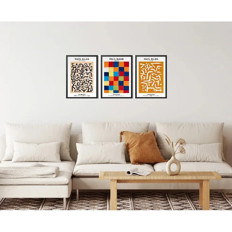 Set 3 Cuadros Living Paulo Klee Abstracto Obras Exposición Marco Negro