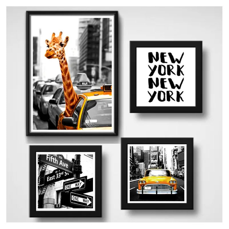 Set 4 Cuadros New York Taxi Jirafa Times Square Decoracion Marco Negro
