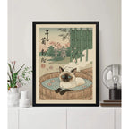 Cuadro Gato Siames Banera Bano Arte Japonés Flores Cerezo Marco Negro