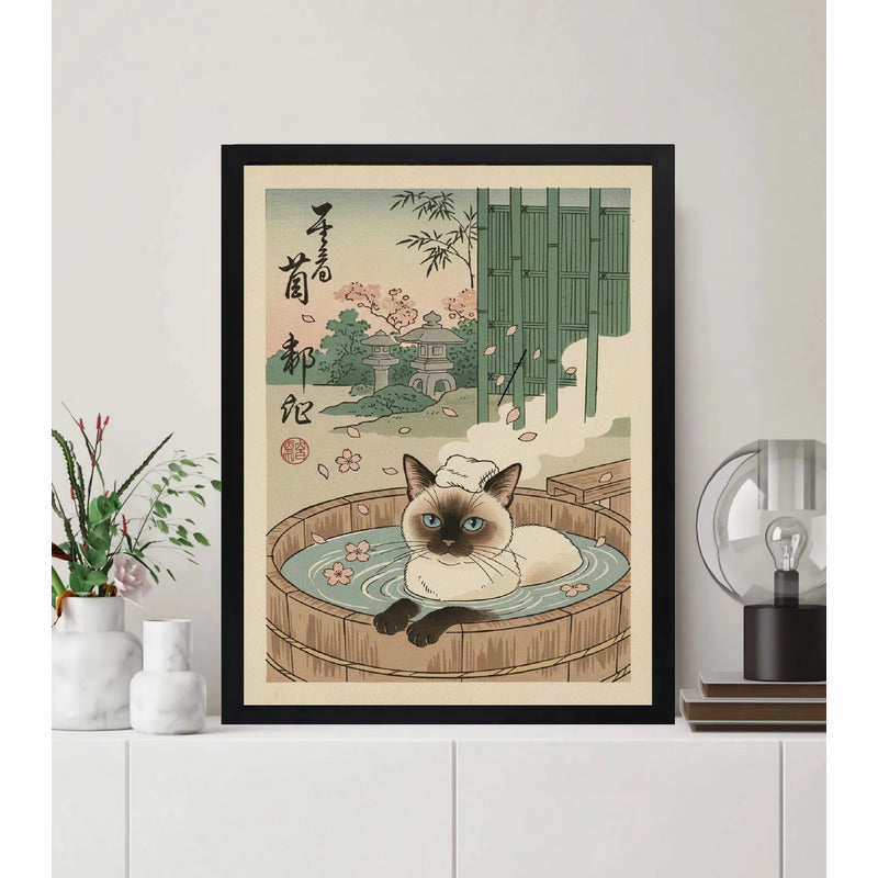 Cuadro Gato Siames Banera Bano Arte Japonés Flores Cerezo Marco Negro
