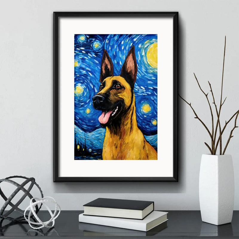 Cuadro Perro Van Gogh Noche Estrellada Razas Con Paspartú Pastor Belga Malinois Con Marco Negro