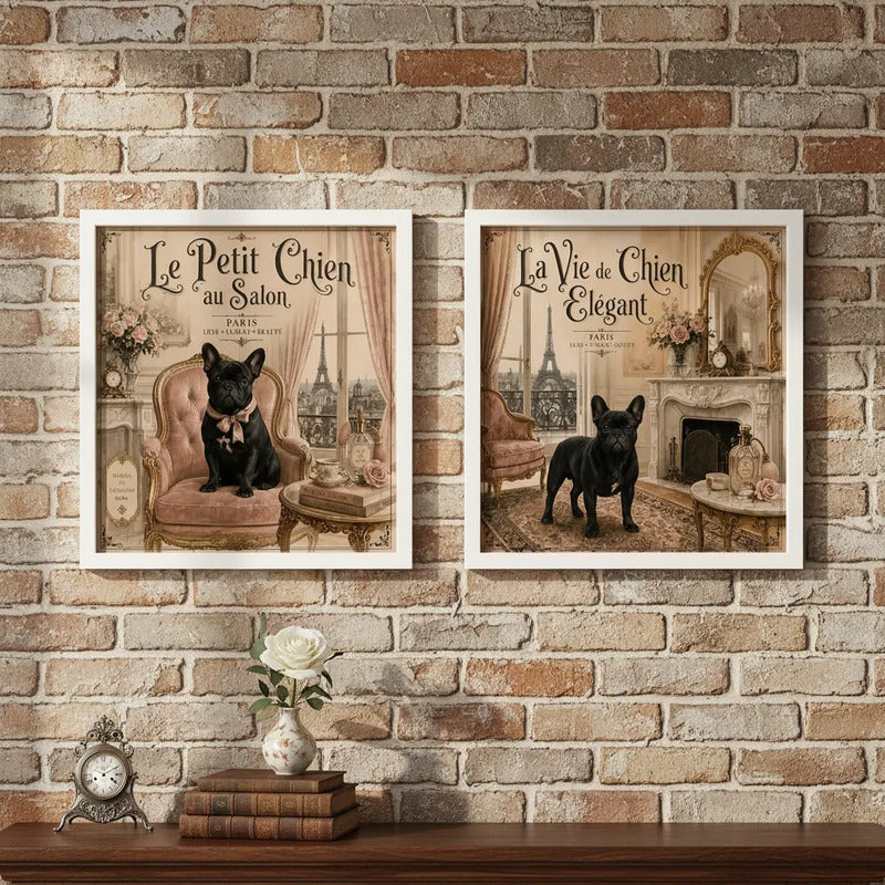 Set 2 Cuadros Decoracion Bano Bulldog Frances Paris Sillón Marco Blanco