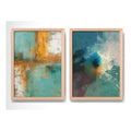 Set 2 Cuadros Dormitorio Living Abstracto Verde Azulado Ocre Marco Marrón Claro