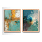 Set 2 Cuadros Dormitorio Living Abstracto Verde Azulado Ocre Marco Marrón Claro