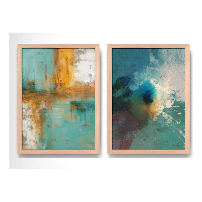Set 2 Cuadros Dormitorio Living Abstracto Verde Azulado Ocre Marco Marrón Claro