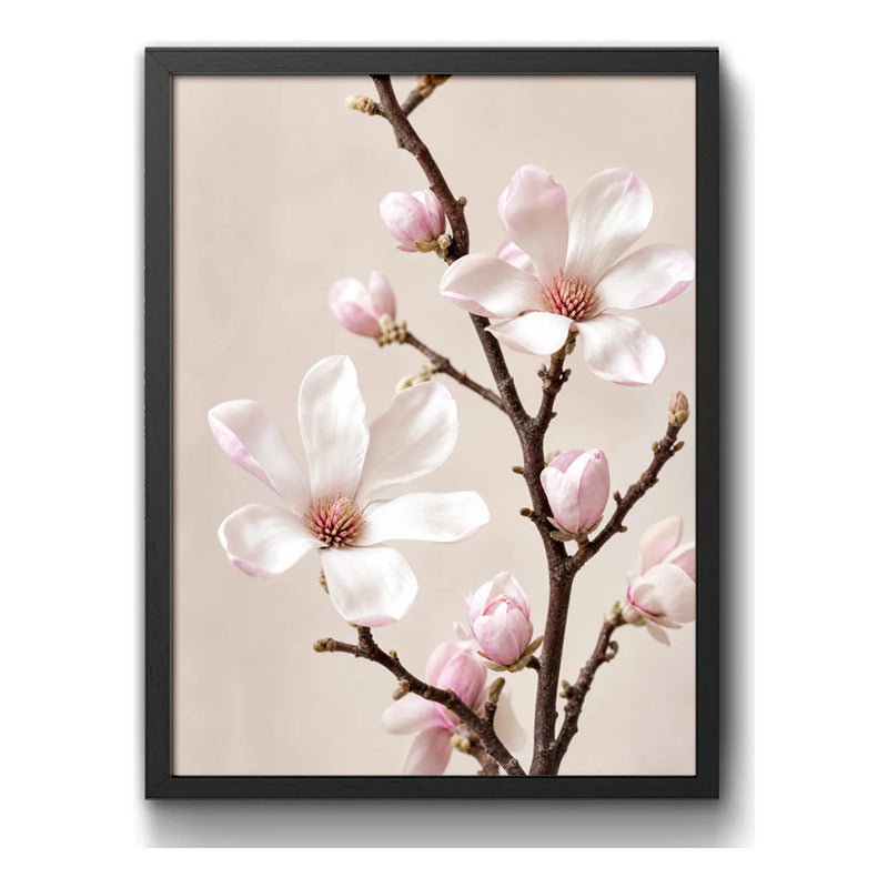 Cuadro Dormitorio Living Flores Rosa De Primavera Magnolia 3 Marco Negro