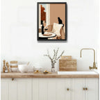 Cuadro Living Cocina Gato Vino Arte Cozy Cat Tonos Neutros Marco Negro