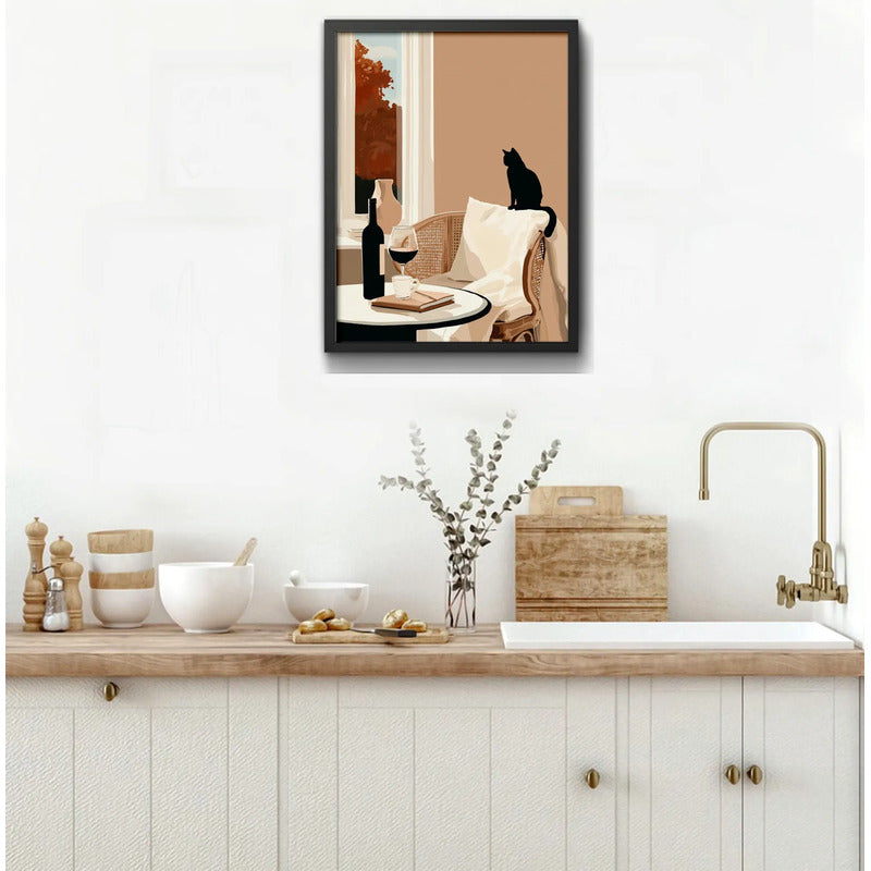 Cuadro Living Cocina Gato Vino Arte Cozy Cat Tonos Neutros Marco Negro