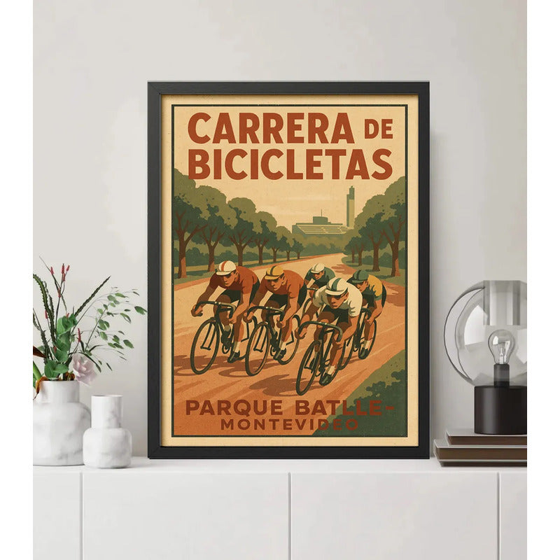 Cuadro Parque Batlle Carrera De Bicicletas Montevideo Retro Marco Negro