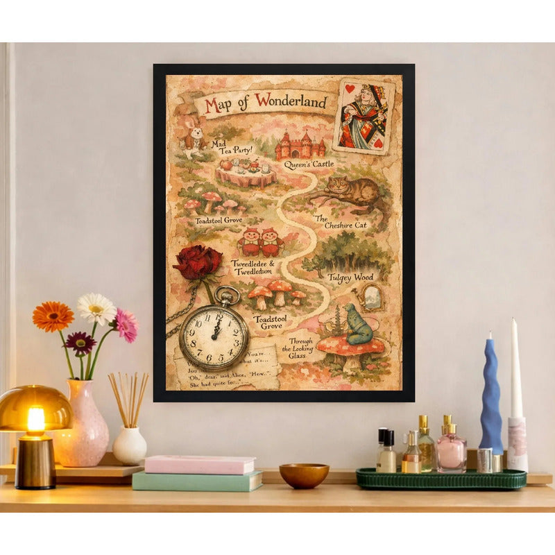 Cuadro Alicia País Maravillas Pelicula Arte Mapa Wonderland Marco Negro
