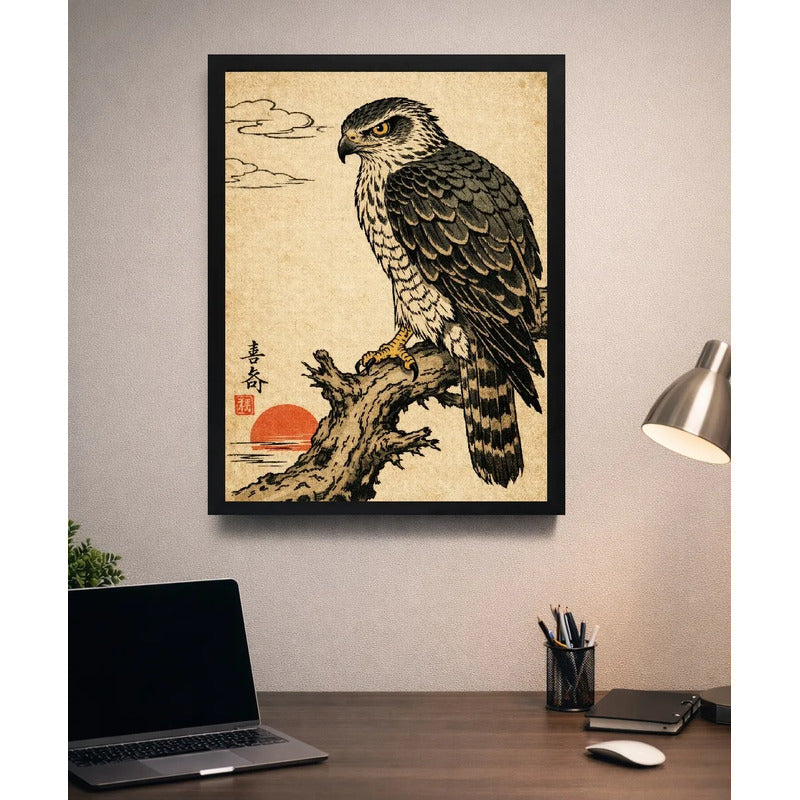 Cuadro Águila Ave Árbol Sol Japón Arte Oriental Decoracion Marco Negro