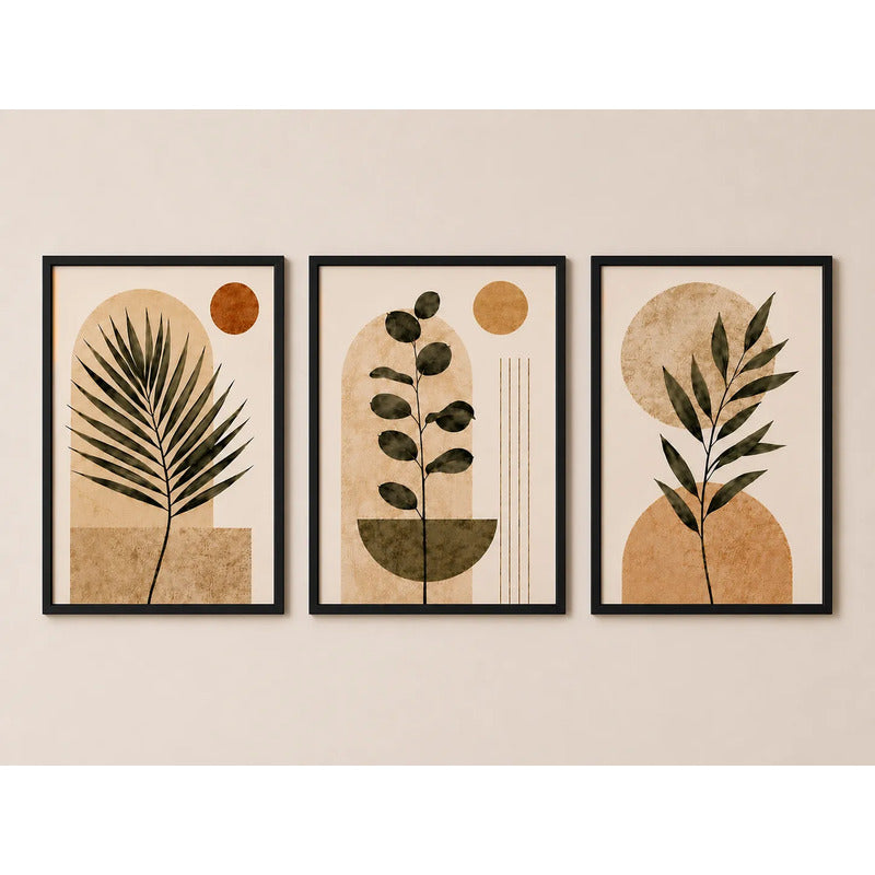 Set 3 Cuadros Dormitorio Living Boho Minimalista Tonos Beige Marco Negro