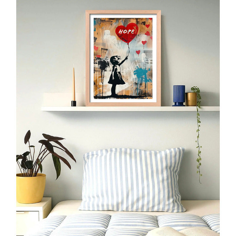 Cuadro Banksy Niña Con Globo Rojo Arte Urbano Callejera Oak Marco Marrón Claro