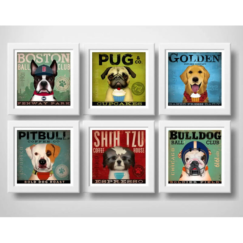 Set 6 Cuadros Perro Cafe Cupcake Pug Pitbull Bulldog Pet