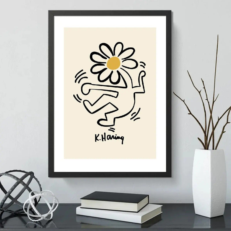 Cuadro Keith Haring Flor Amarilla Arte Urbano Decoracion Marco Negro