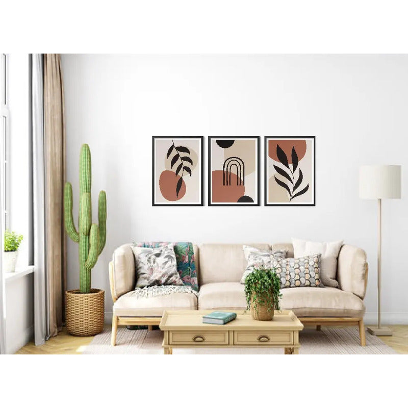 Set 3 Cuadros Living Abstracto Boho Hojas Geometrico Moderno Marco Negro