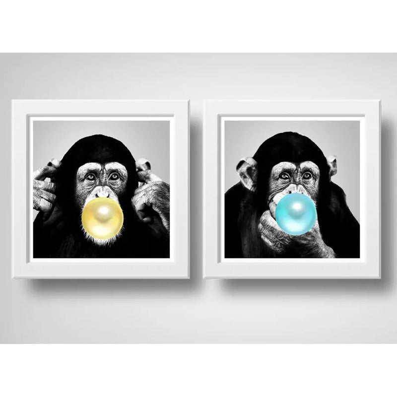 Set 2 Cuadros Monos Chicle Pop Art Colores Chimpancé Goma