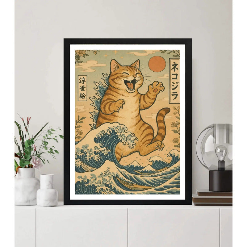 Cuadro Dormitorio Living Catzilla Gato Godzilla Ola Japón Marco Negro