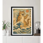 Cuadro Dormitorio Living Catzilla Gato Godzilla Ola Japón Marco Negro