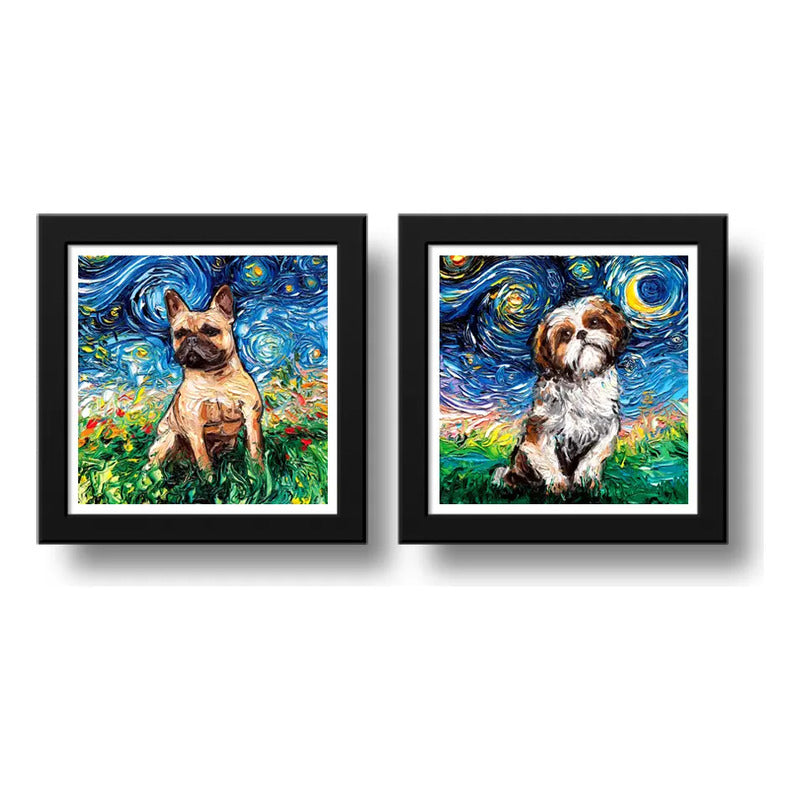 Set 2 Cuadros Perro Van Gogh Bulldog Shih Tzu Mascota Decor