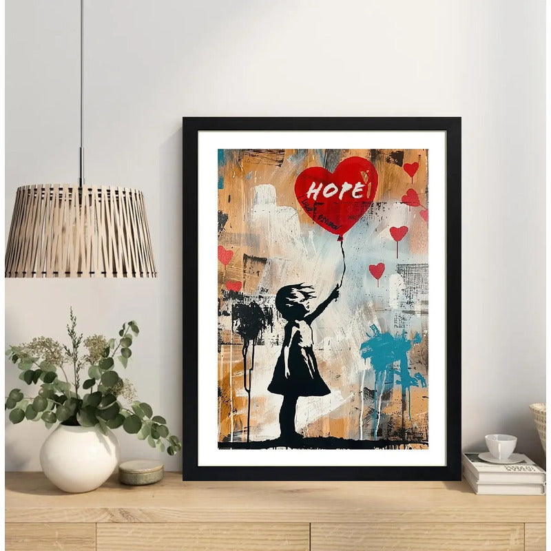 Cuadro Banksy Niña Con Globo Rojo Arte Urbano Callejera Marco Negro
