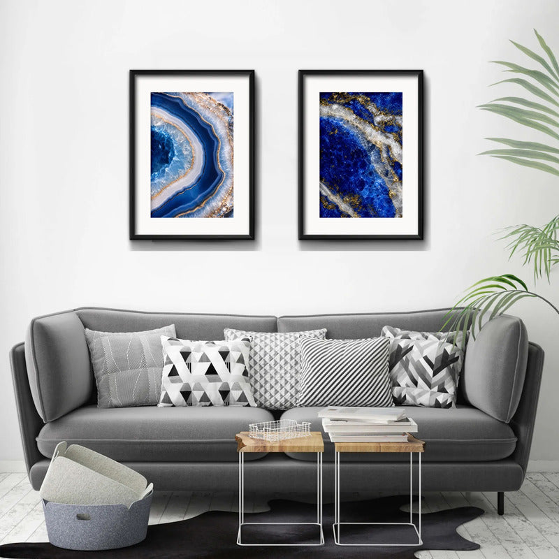 Set 2 Cuadros Agata Lapislazuli Abstracto Azul Con Paspartu 53x43cm Cada Cuadro Negro